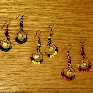 Dangle Color-Beaded Earrings with Gold Wire Spirals, Lovely and Stylish